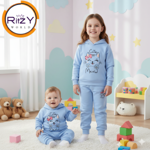 Cute Meow Baby & Kids Hoodie Set (BH-007) Sky Blue 1-10 Years