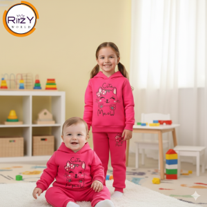 Cute Meow Baby & Kids Hoodie Set (BH-008) Hot Pink 1-10 Years