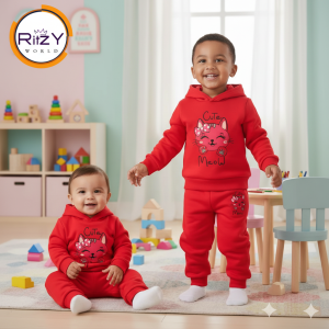 Cute Meow Baby & Kids Hoodie Set (BH-009) Red
