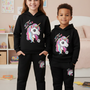 Unicorn Printed Hoodie & Jogger Set for Kids (BH-047) Black1-10 Years