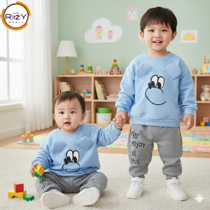 Cute Cartoon Bear Sky Blue & Grey Sweatshirt Set (BSW-052) 1-5 Years